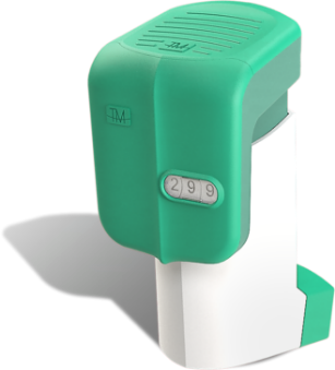 Contador unitario de dosis para IDM color verde ocupado en inhaladores de rescate o control para afecciones como asma y epoc.